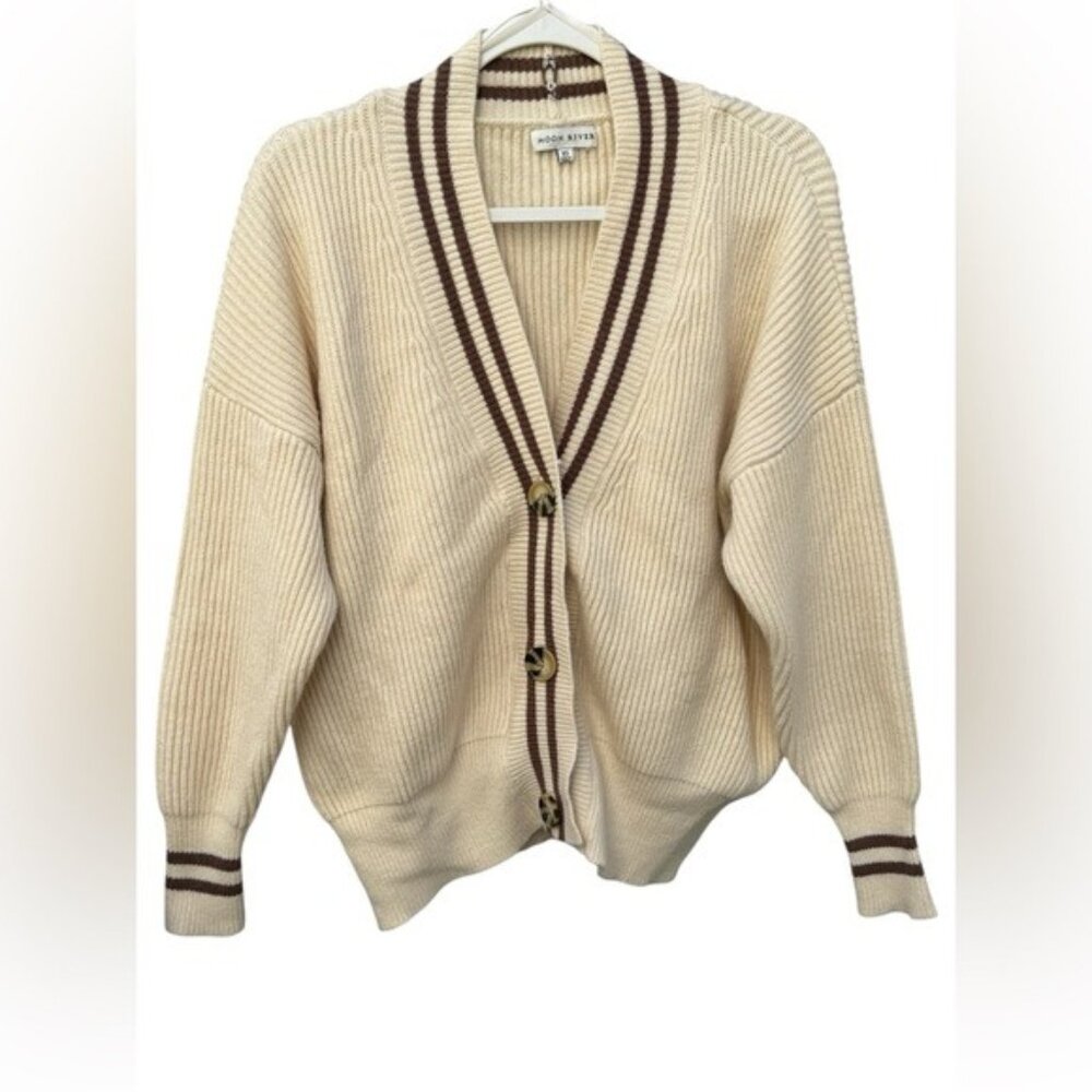 Moon River Cream Ribbed Cardigan Varsity Stripe Preppy Button Front Size XS‎ - Picture 2 of 5